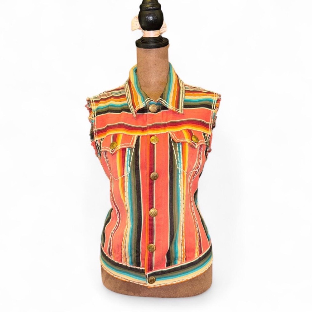 Rare Sample True Religion Striped Sleeveless Button-Up Vest Top